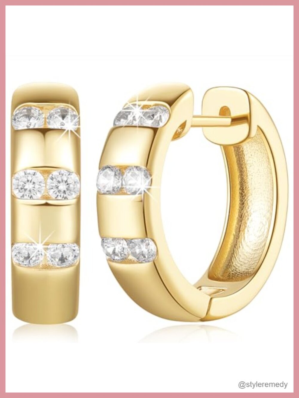 14k Gold Plated Hoop Earrings Cubic Zirconia Triple Row Women